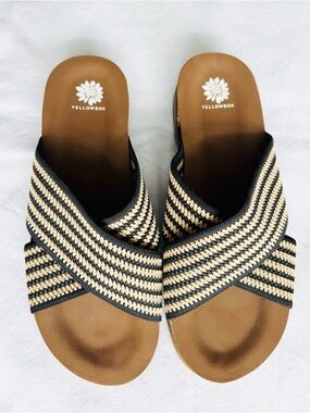Yellow Box Women's Black and Beige Striped Crisscross Slide Sandals
